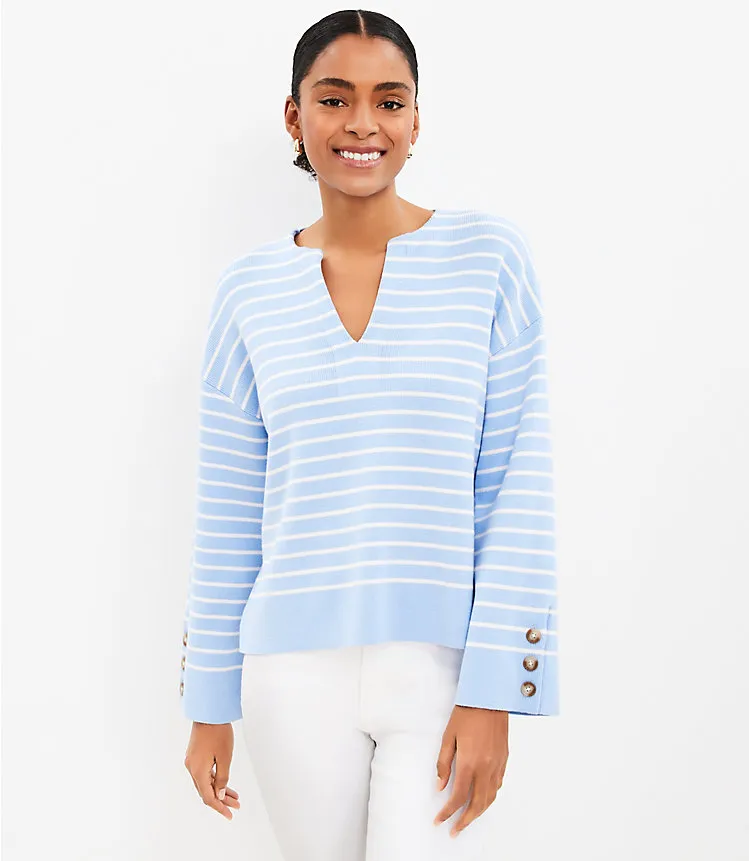 Striped Button Sleeve Split Neck Sweater