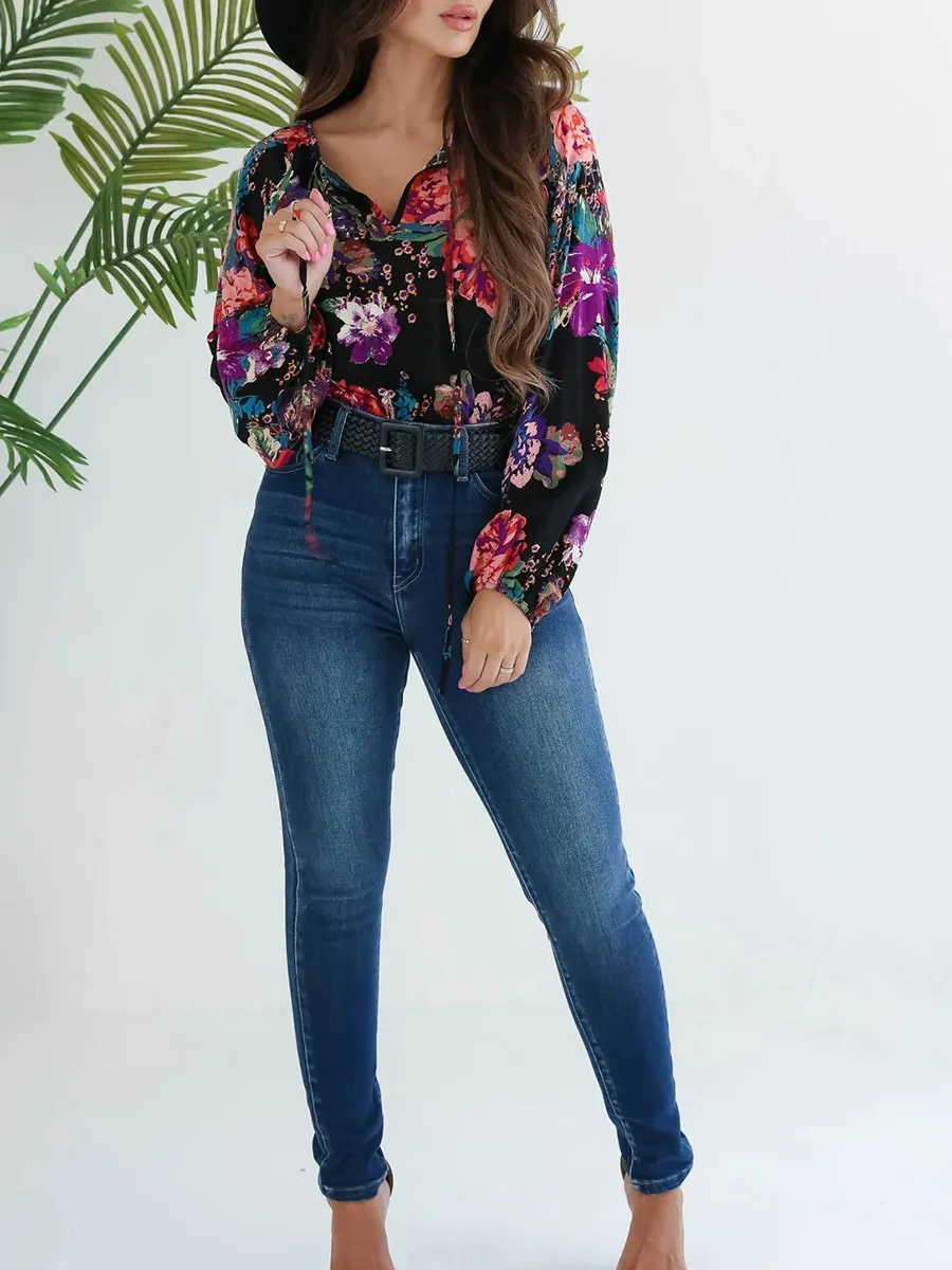 Black floral pattern bubble sleeve tie up top