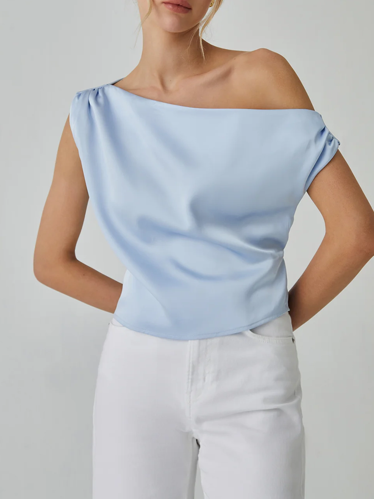 One Shoulder Off Knotted Blouse