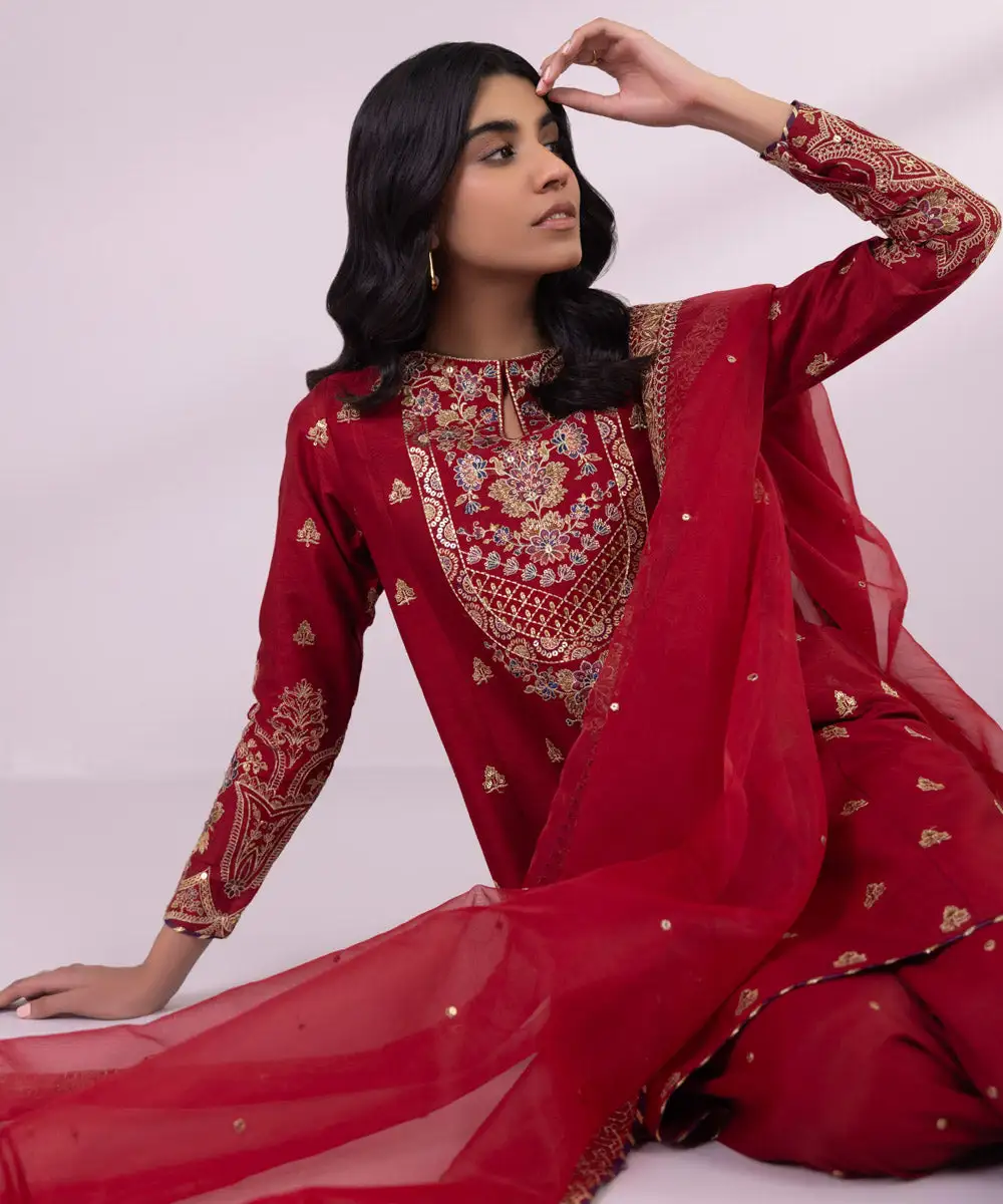 3 Piece - Embroidered Raw Silk Suit