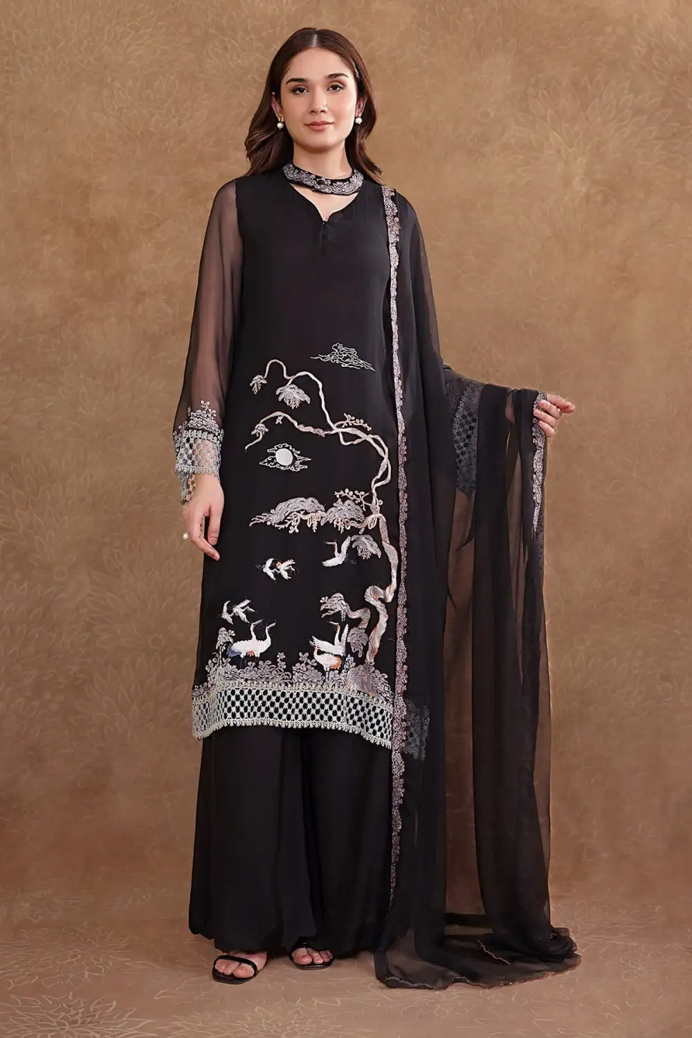 2 Pcs Embroidered Pure Chiffon Suit with Laces