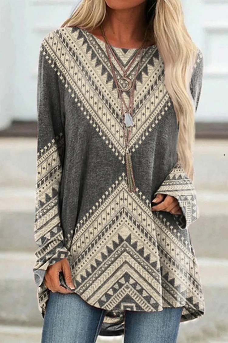 Western Print Crew Neck Casual Tunic