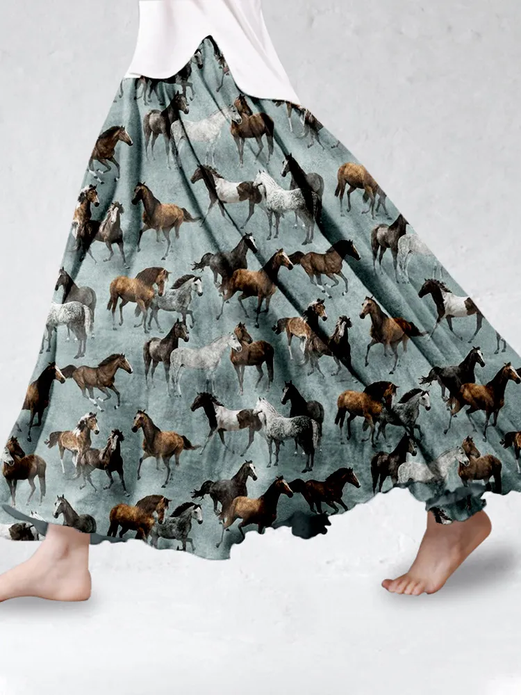 Western Wild Horses Pattern Linen Blend Flowy Wide Skirt