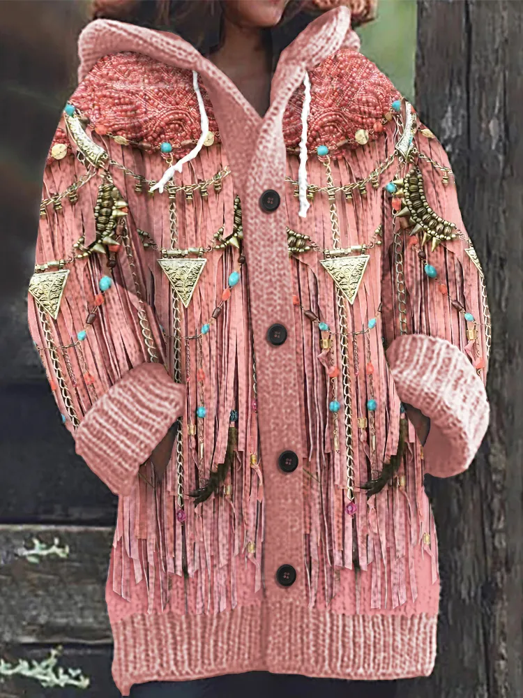 Western Fringed Print Knitted Hooded Cardigan