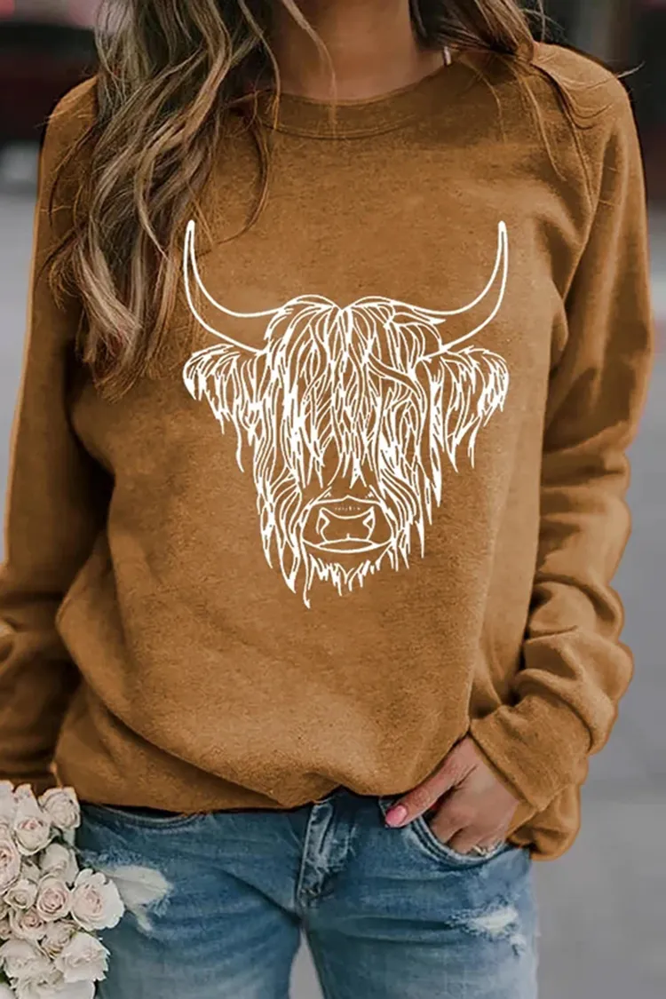 Highland Cow Printed Casual Long Sleeve Sweatshirt