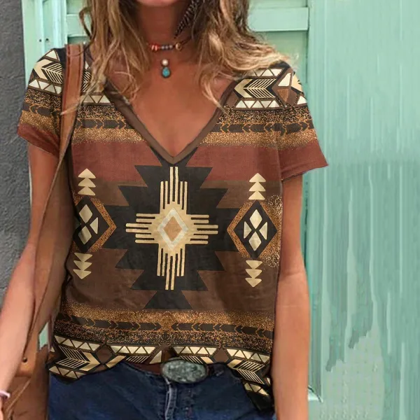 Vintage Western Geometric Print V-Neck Casual T-Shirt