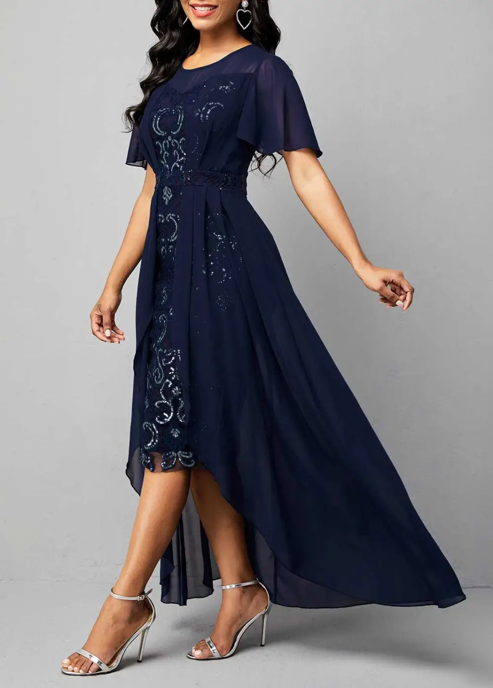 Sequin Embroidered Chiffon Round Neck Dress