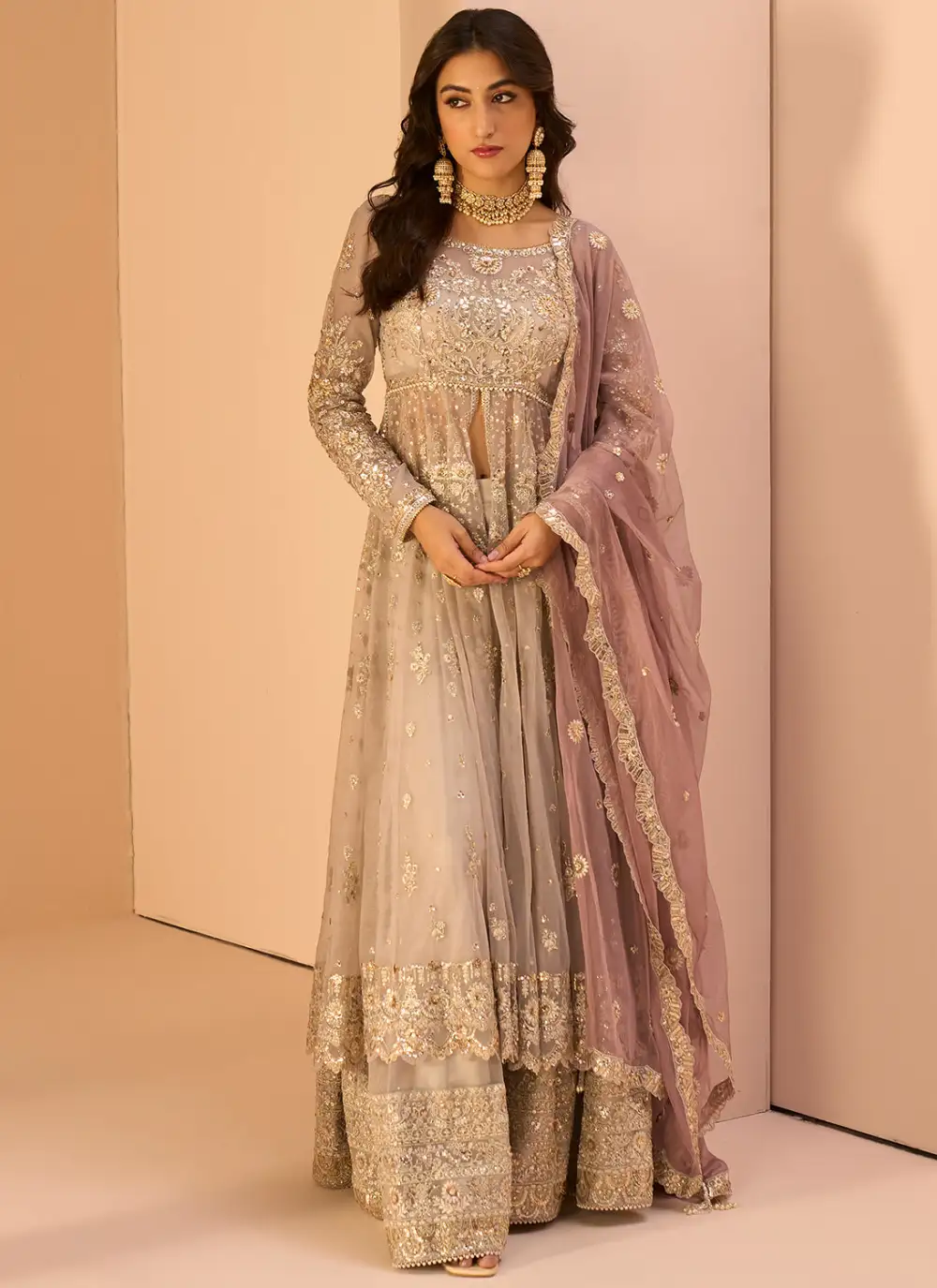 Grey Embroidered Anarkali Style Sharara