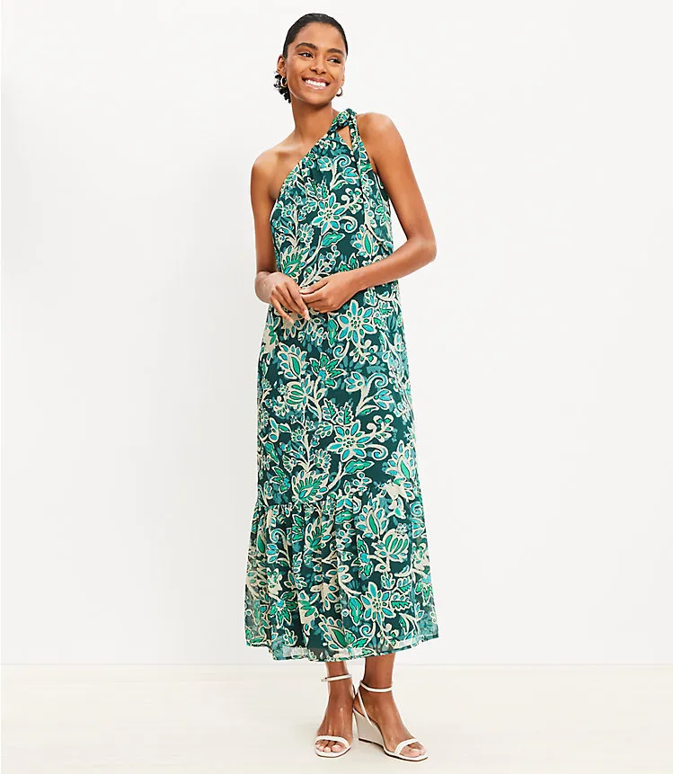 Floral Crinkle Flounce One Shoulder Maxi Dress