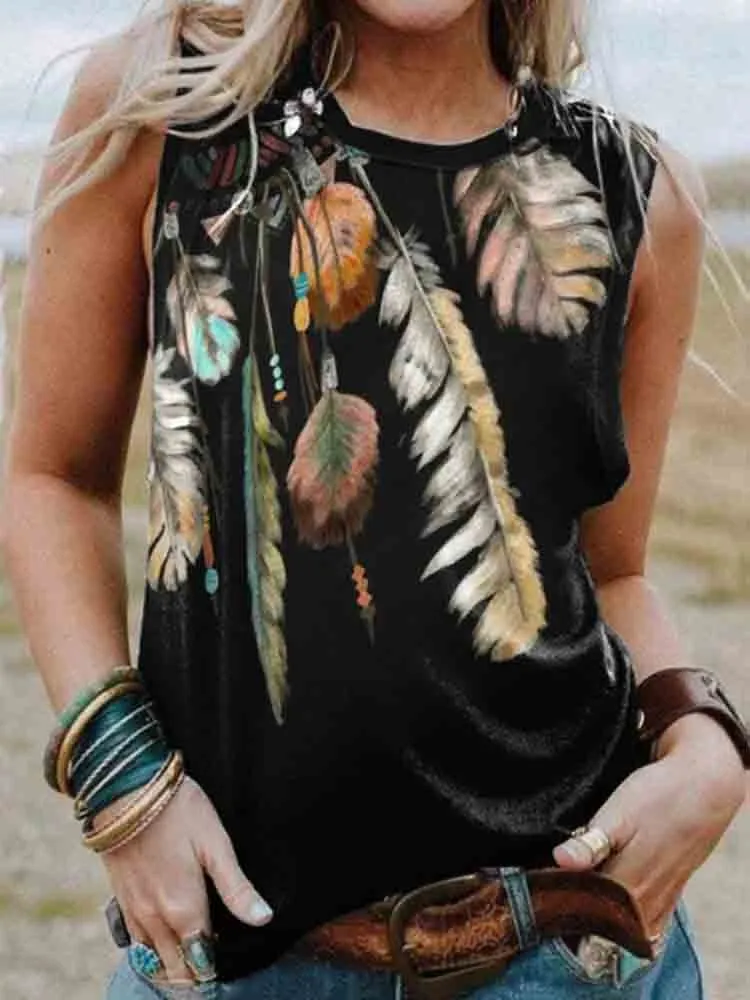 Western Feather Print Sleeveless Tank Top