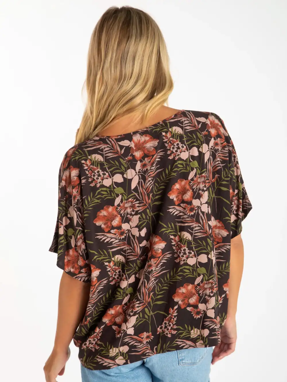 Easy V-Neck Top - Brown Orange Hibiscus