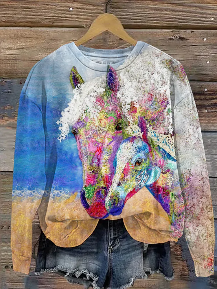 Handmade DIY Lace Colorful Horse Casual Round Neck Sweatshirt