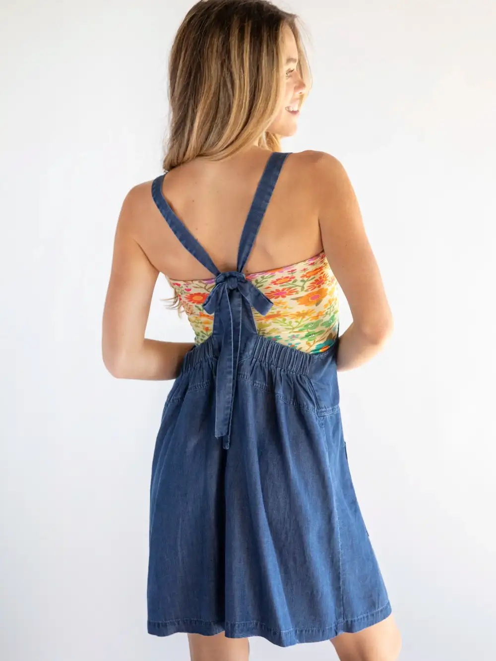 Dakota Cotton Tie-Back Mini Dress - Denim Blue