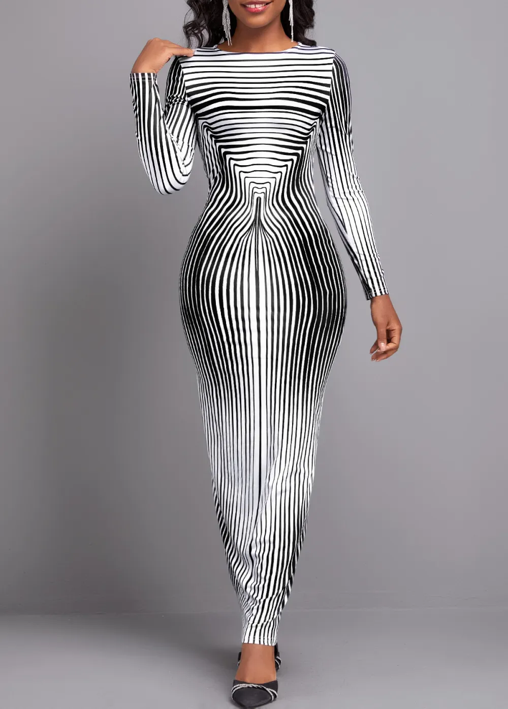 Striped Black Long Sleeve Round Neck Maxi Bodycon Dress