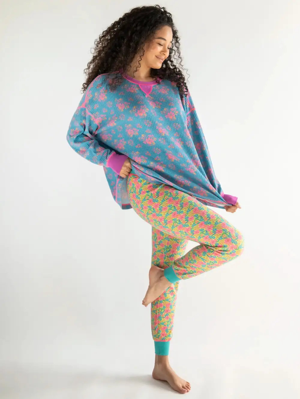 Mix & Match Waffle Pajama Top - Turquoise Pink Floral