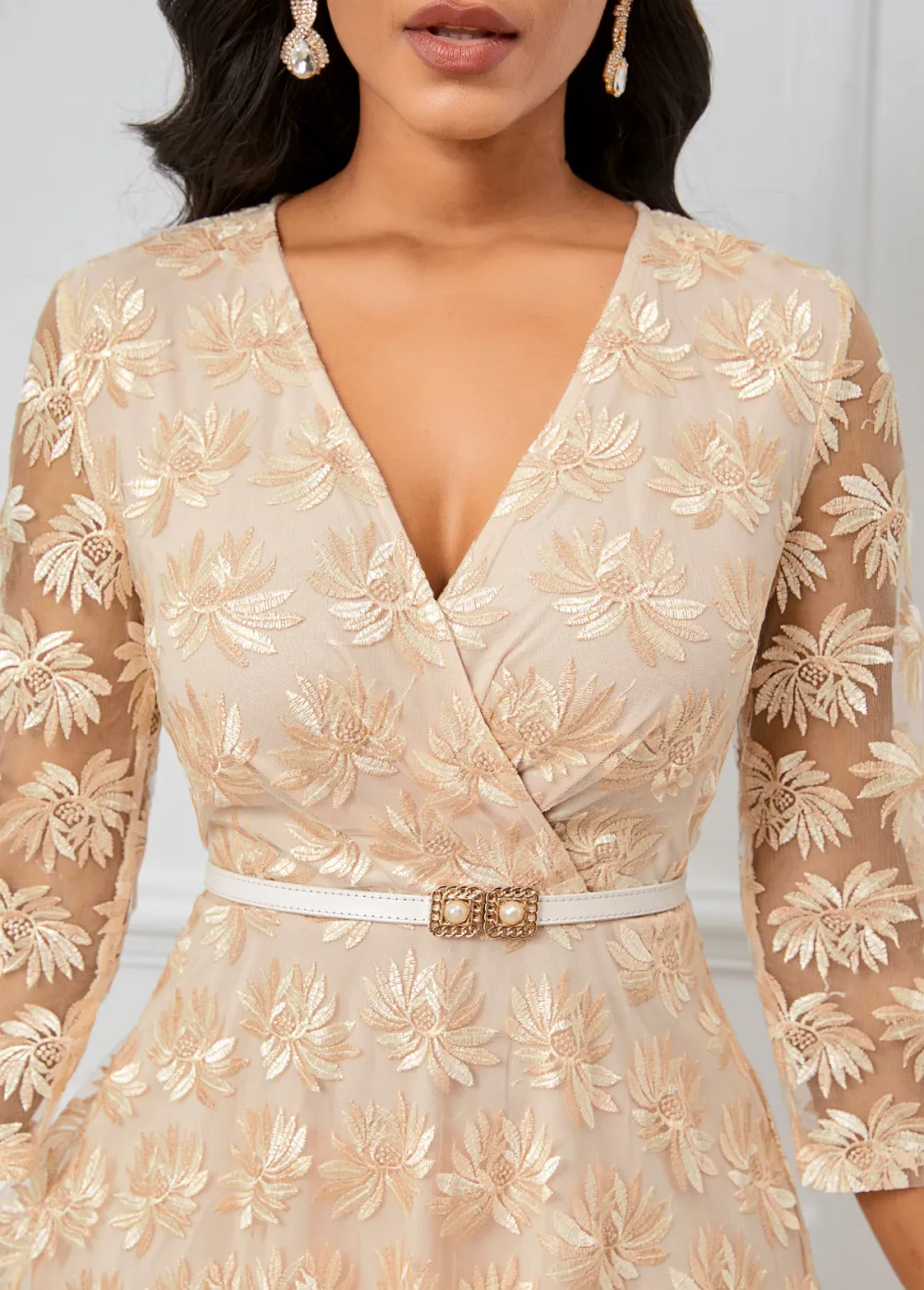 Embroidery Champagne Three Quarter Length Sleeve V Neck Dress