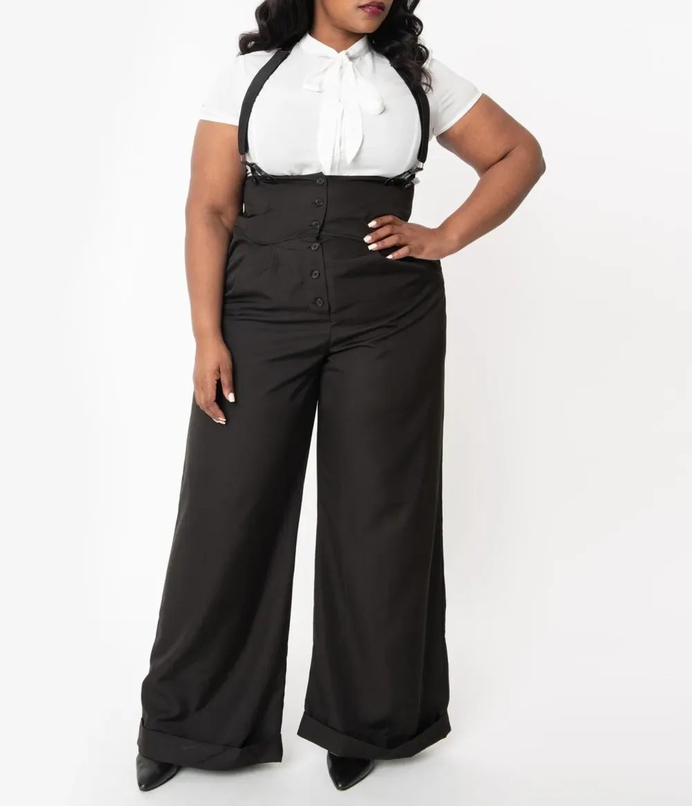 Unique Vintage Plus Size 1930s Black Thelma Suspender Pants