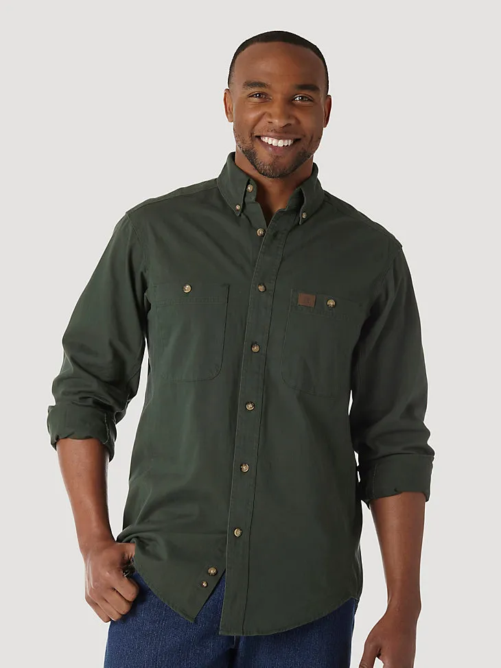 WRANGLER® RIGGS WORKWEAR® LONG SLEEVE BUTTON DOWN SOLID TWILL WORK SHIRT IN FOREST GREEN