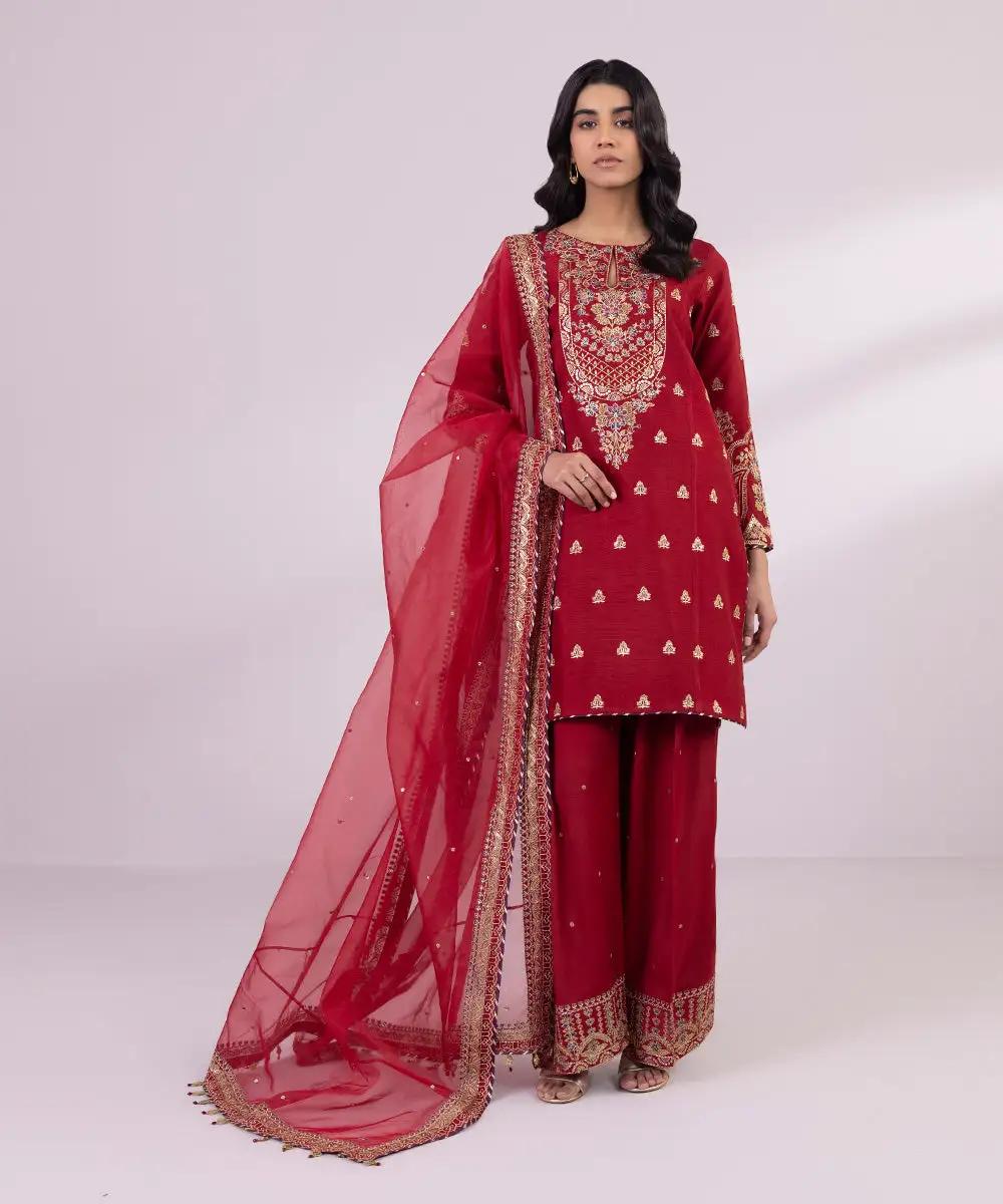 3 Piece - Embroidered Raw Silk Suit