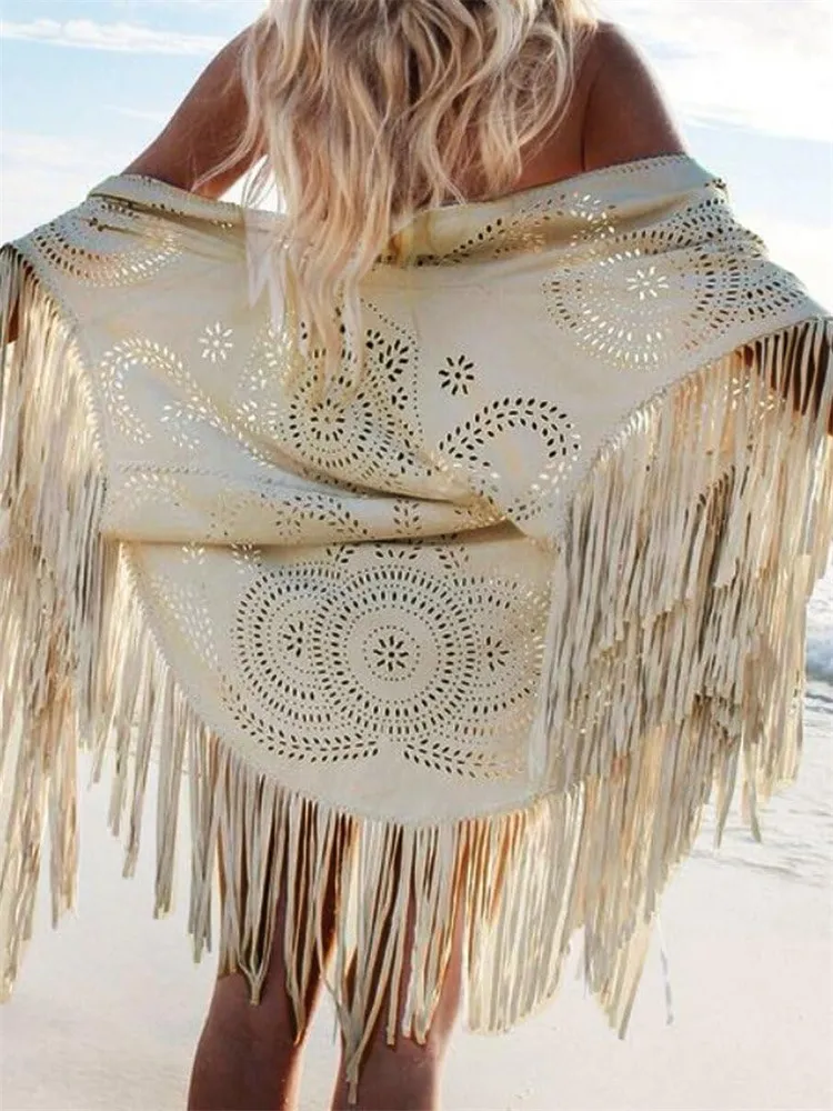 Western Hollow Carved Tassels Suede Shawl