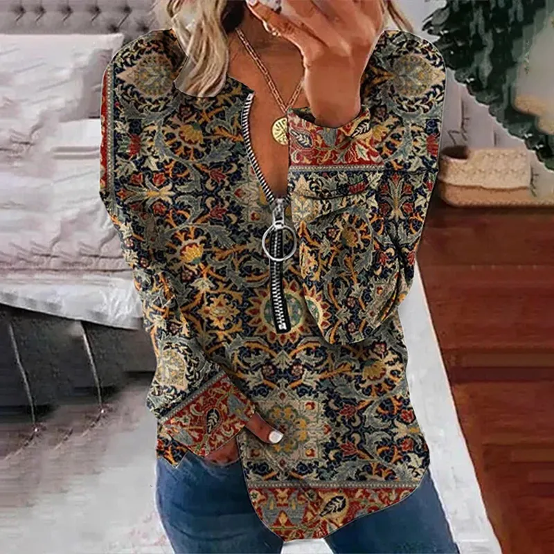 Vintage Flower Print Zip Long Sleeve Sweatshirt