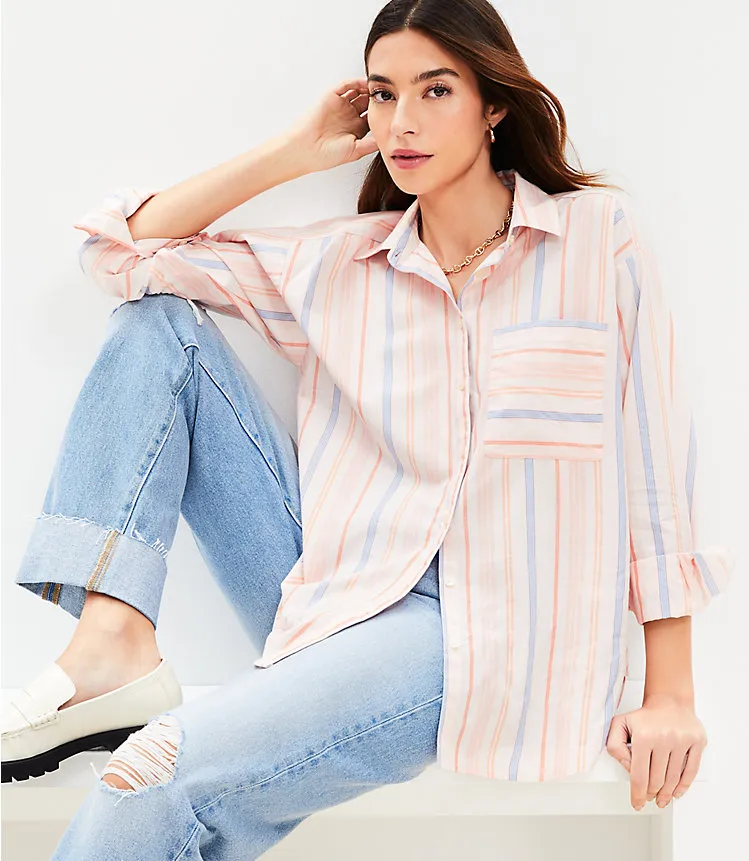 Striped Cotton Blend Oversized Shirt