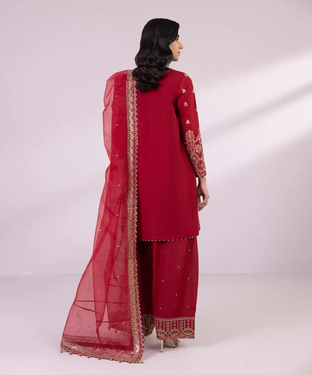 3 Piece - Embroidered Raw Silk Suit