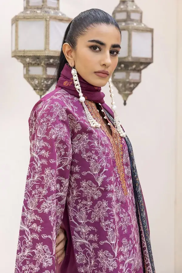 3 Piece Kurta Embroidered | Dupatta& Bottom & Tops | Color Purple