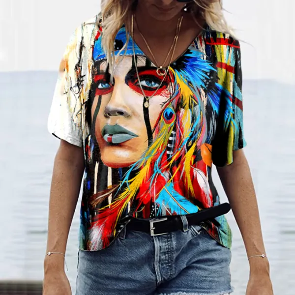 Western Print V-Neck Short Sleeve T-Shirt