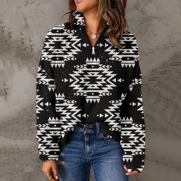 Women'S Retro Ethnic Print Zipper Collar Long Sleeves Sweater