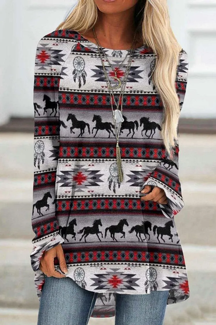 Casual Vintage Western Print Crew Neck Tunic