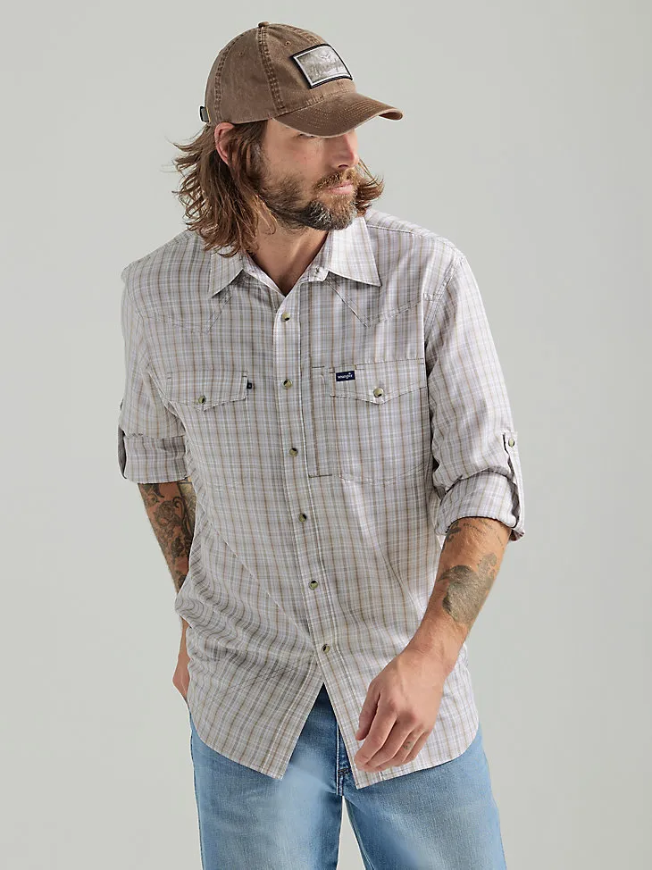 MEN'S WRANGLER PERFORMANCE SNAP LONG SLEEVE PLAID SHIRT IN TAN PLAID