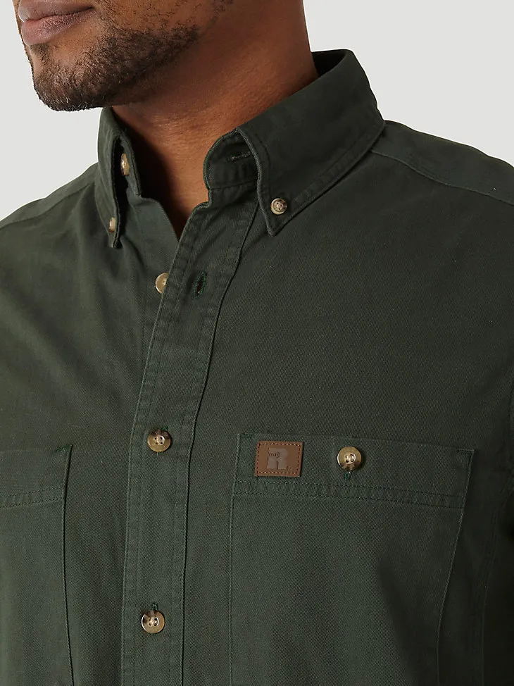 WRANGLER® RIGGS WORKWEAR® LONG SLEEVE BUTTON DOWN SOLID TWILL WORK SHIRT IN FOREST GREEN