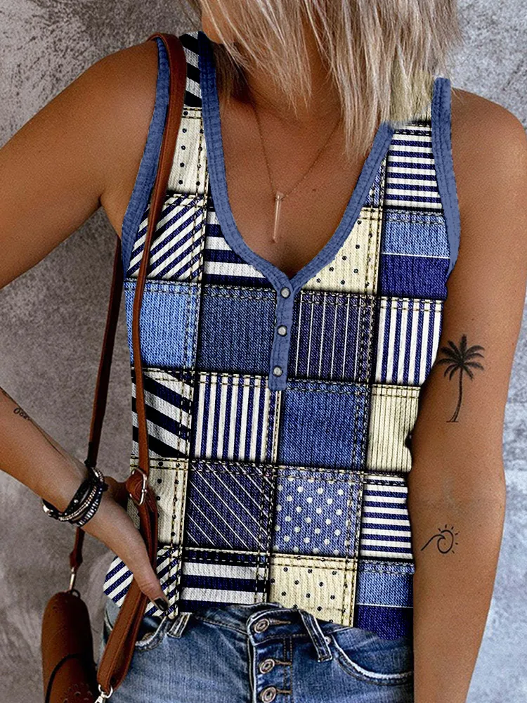 Denim Patchwork Pattern Button Up Tank Top