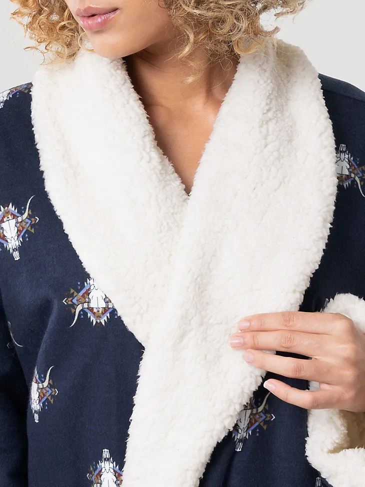 FLANNEL STEER HEAD SHERPA LINED ROBE IN DARK SAPPHIRE