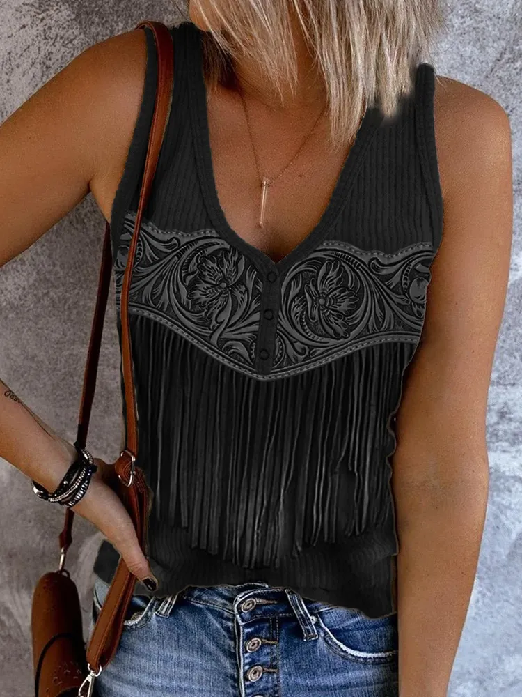 Western Floral Leather Tassels Button Up Tank Top