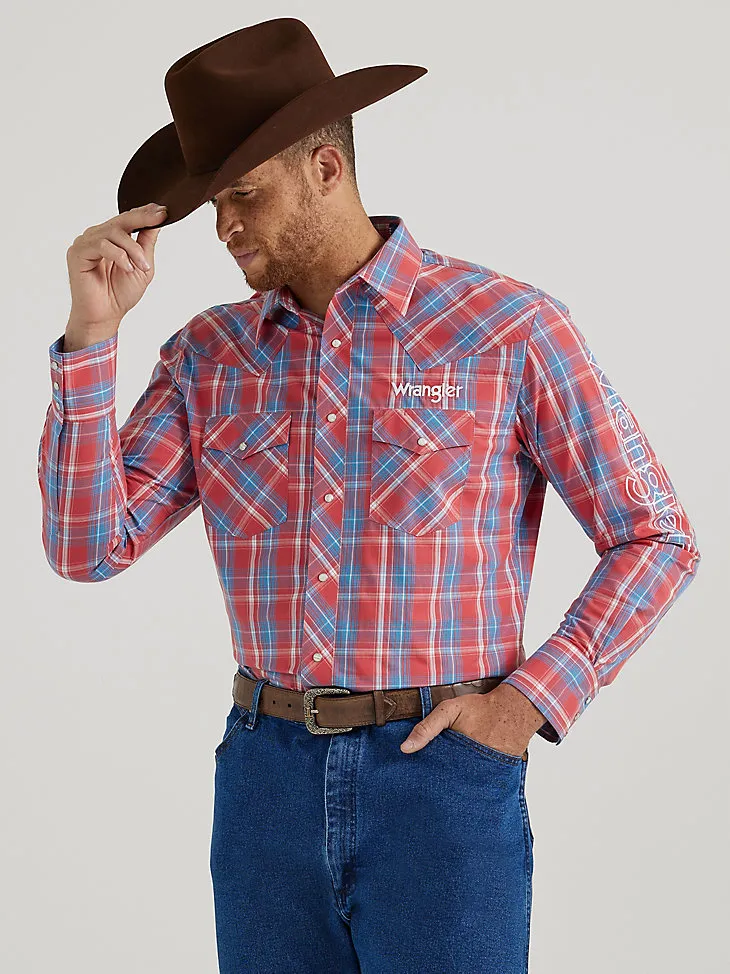 MEN'S WRANGLER® LOGO LONG SLEEVE WESTERN SNAP SHIRT IN LARK PLAID