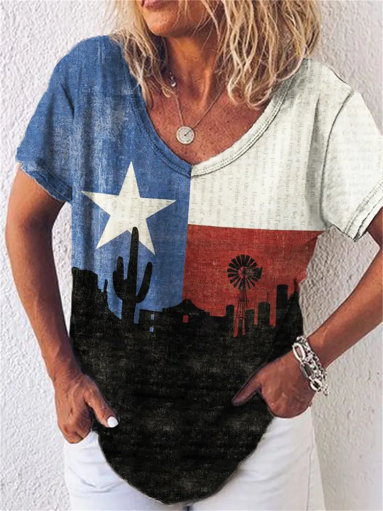 Texas Flag Landscape Silhouette Faded V Neck T Shirt