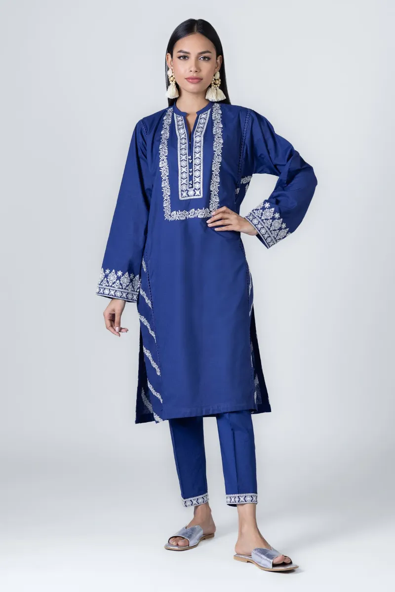 2 Piece Kurta | Embroidered & Pants Dark Blue