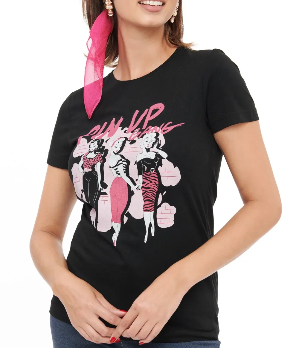 1950s Black Pin Up Gang Fitted Graphic Tee