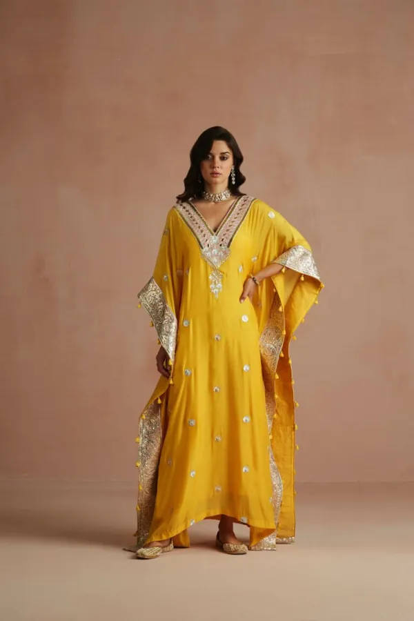 Yellow Gota Embroidered Kaftan