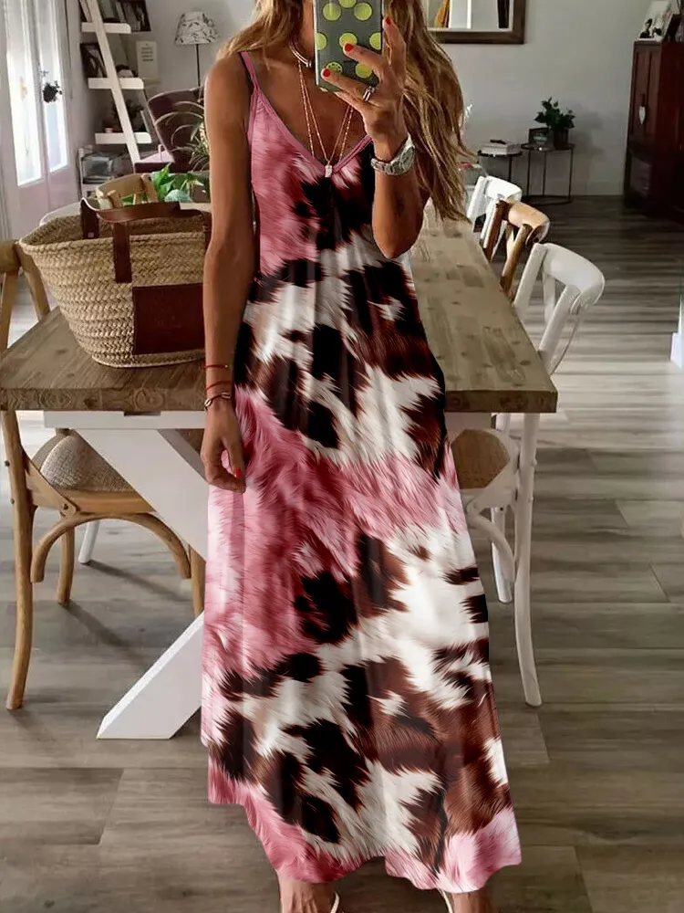 Western Pink Cowhide Pattern V Neck Cami Maxi Dress