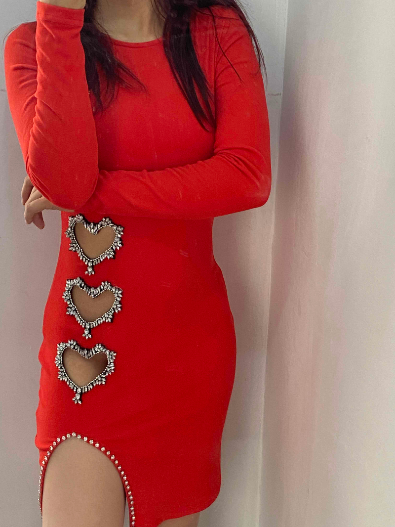 Hollow Heart Rhinestone Slit Bodycon Dress