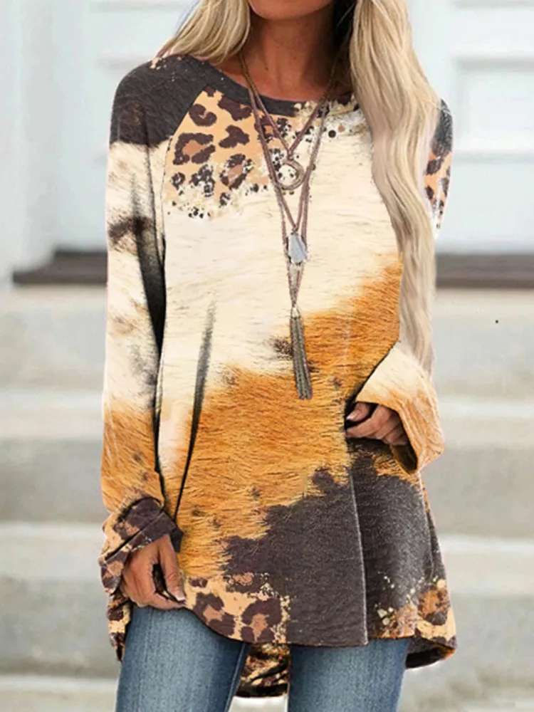 Round Neck Leopard Printed Color Block Long Sleeve T-Shirt