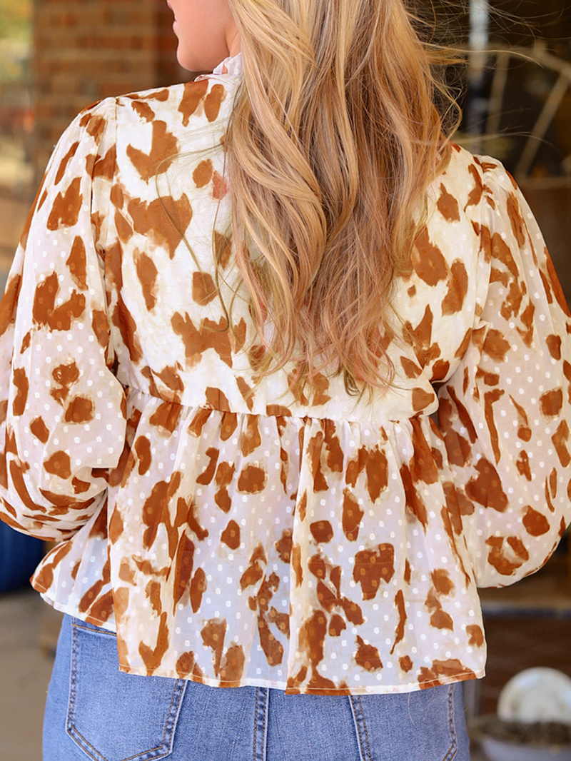 Leopard embellished V-neck ruffled casual shirt