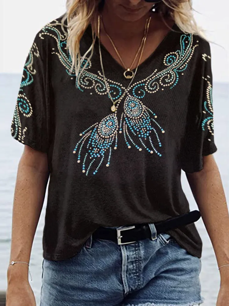 Vintage  Ethnic Style Feather Pattern Women'S T-Shirt