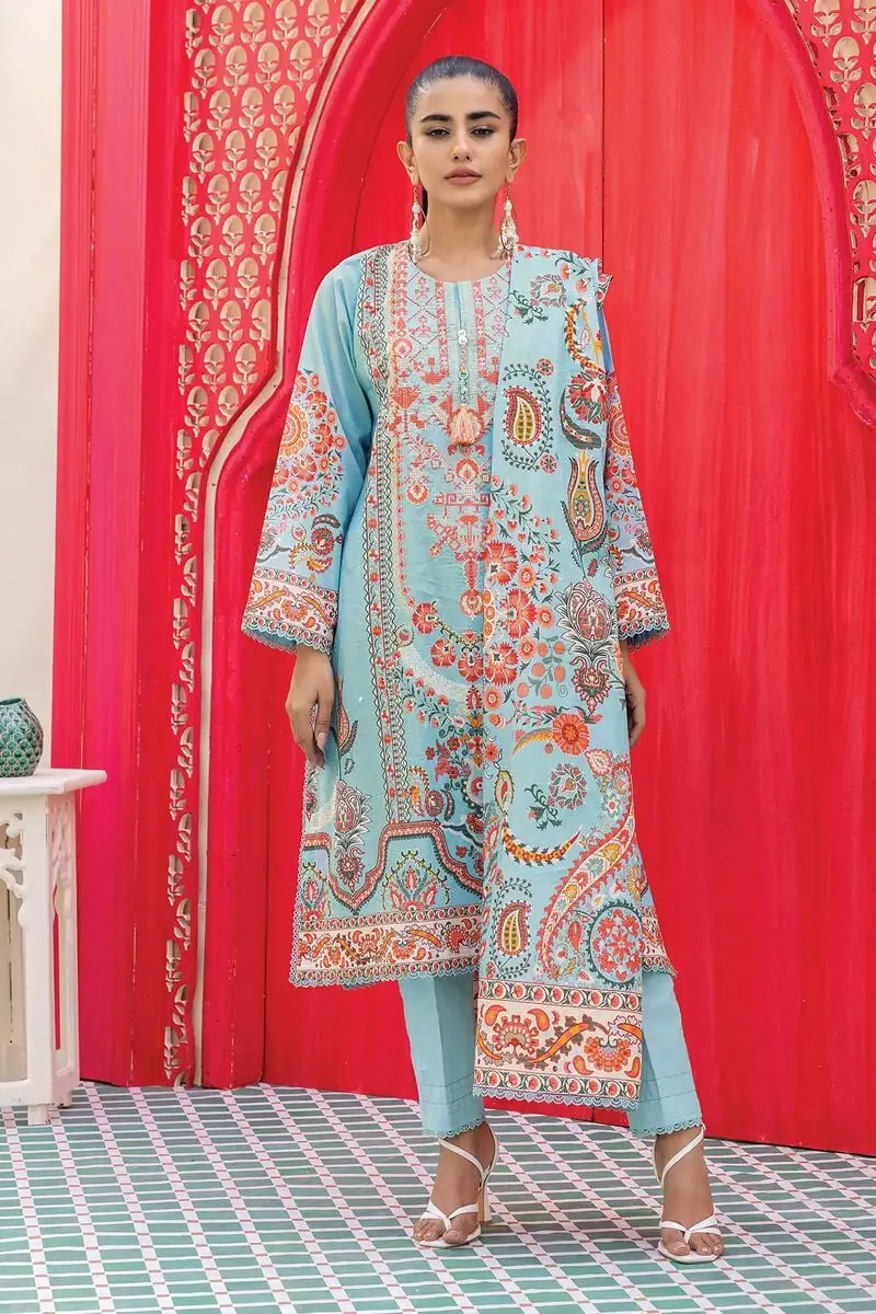 3 Piece Kurta Embroidered | Dupatta& Bottom & Tops | Color sky blue