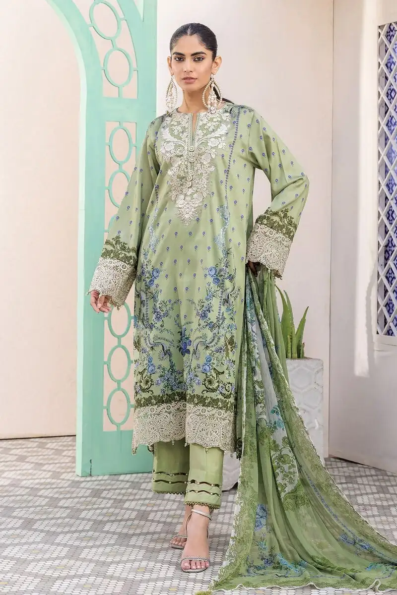 3 Piece Kurta Embroidered | Dupatta& Bottom & Tops | Color light green