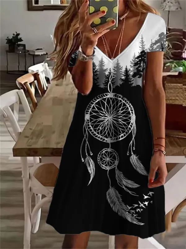 Western Dream Catcher Forest Contrast V Neck Midi Dress