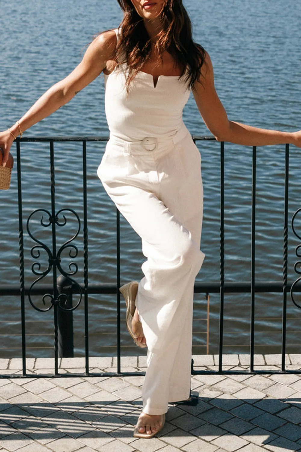 WHITE OPEN COLLAR VEST TOP